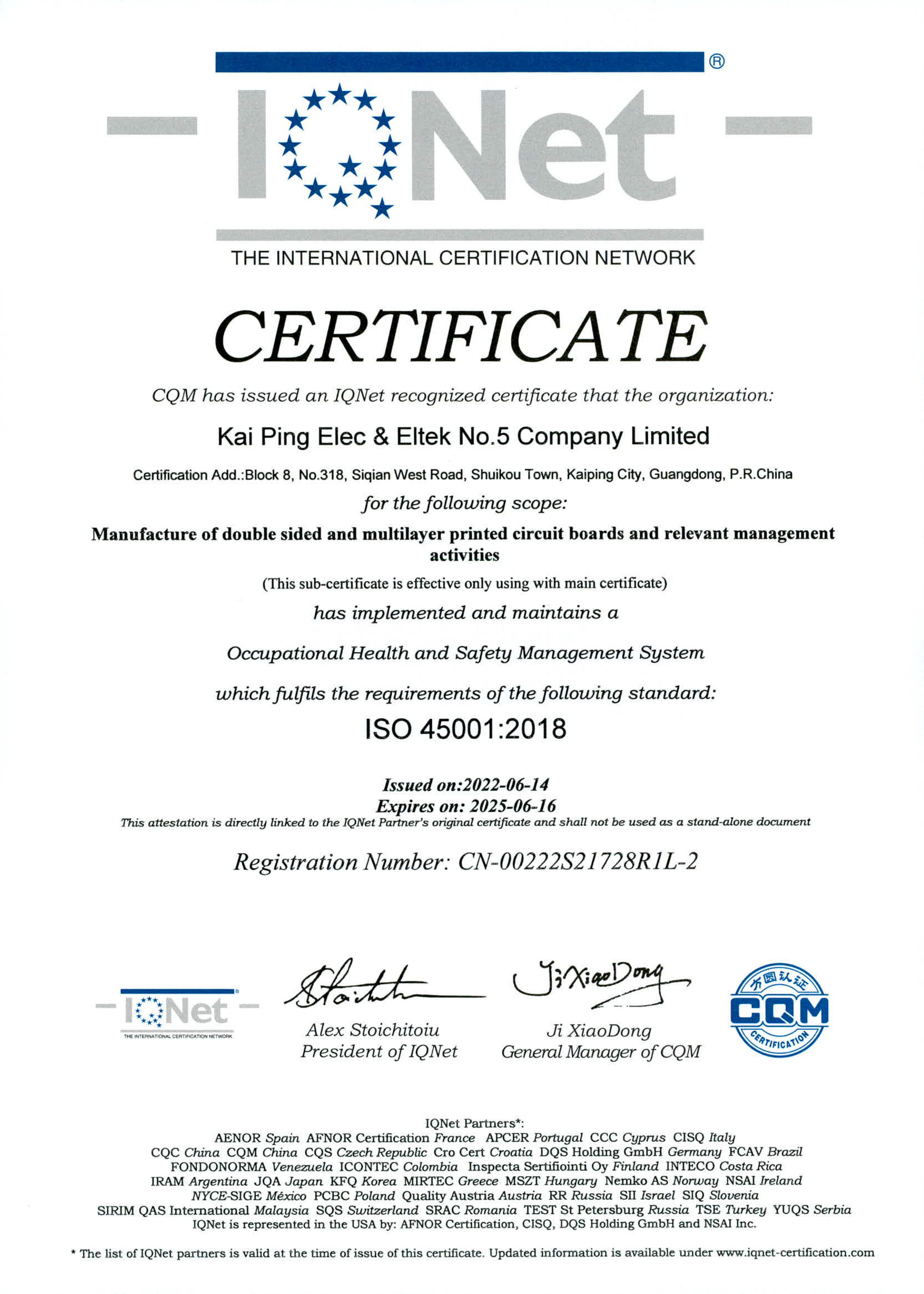 ISO45001 IQNET Certificate